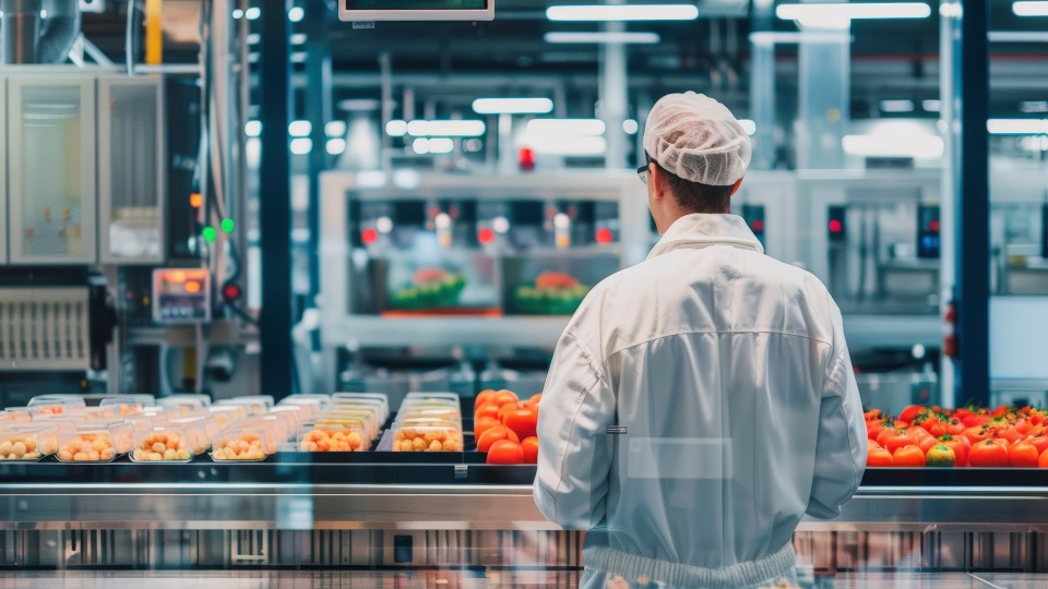 Un trabajador con bata blanca y redecilla supervisa una cinta transportadora llena de productos envasados en una moderna y luminosa fábrica de procesamiento de alimentos.