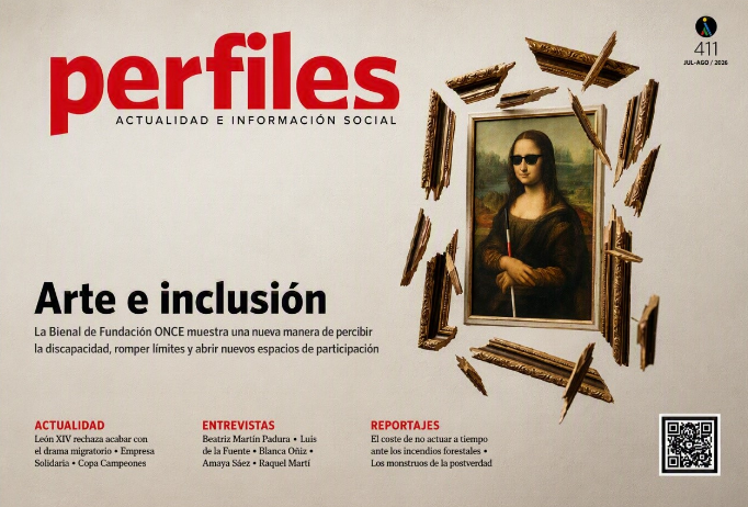Portada de la revista "Perfiles. Actualidad e Información Social". El titular principal dice "Arte e inclusión". La imagen central muestra una obra de arte enmarcada rodeada por fragmentos dispersos del marco. El subtítulo indica que la Bienal de Fundación ONCE presenta una nueva forma de percibir la discapacidad, romper límites y abrir nuevos espacios de participación. En la parte superior derecha figura el número 411 de la revista (julio-agosto de 2026) y en la esquina inferior derecha aparece un código QR