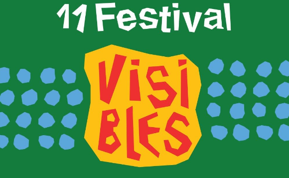 Cartel gráfico del 11 Festival Visibles. Sobre un fondo verde aparecen dos grupos de círculos azules a ambos lados de una figura amarilla irregular en el centro. Dentro de la figura amarilla se lee el texto "Visibles" en letras rojas. En la parte superior figura el texto "11 Festival" en color blanco.