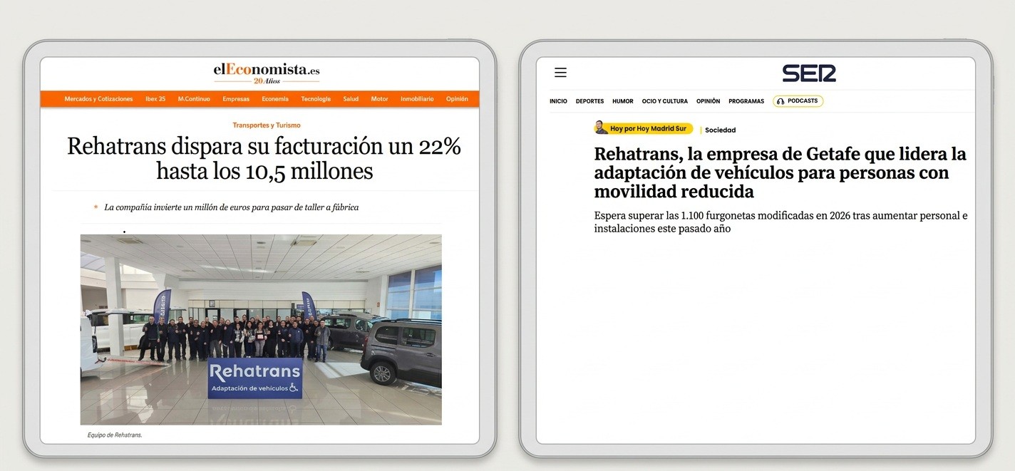 Recorte de prensa de Rehatrans en elEconomista y Cadena SER, destacando su crecimiento y liderazgo en adaptación de vehículos accesibles.