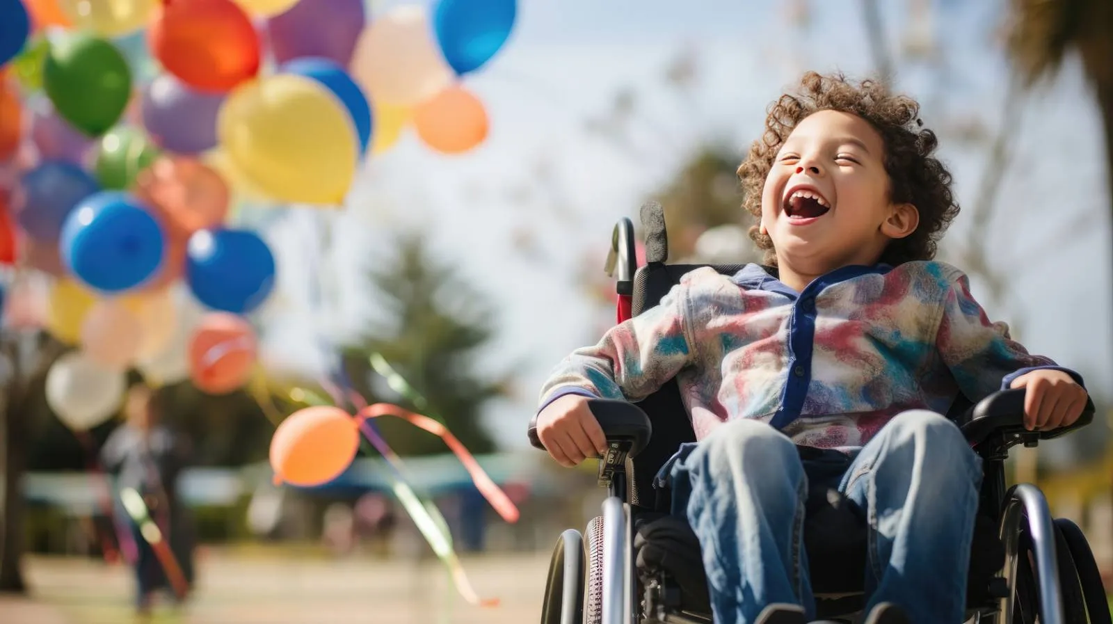 Niño en silla de ruedas con unos globos de colores riéndose