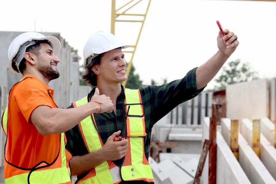 Dos empleados haciéndose un vídeo con el móvil
