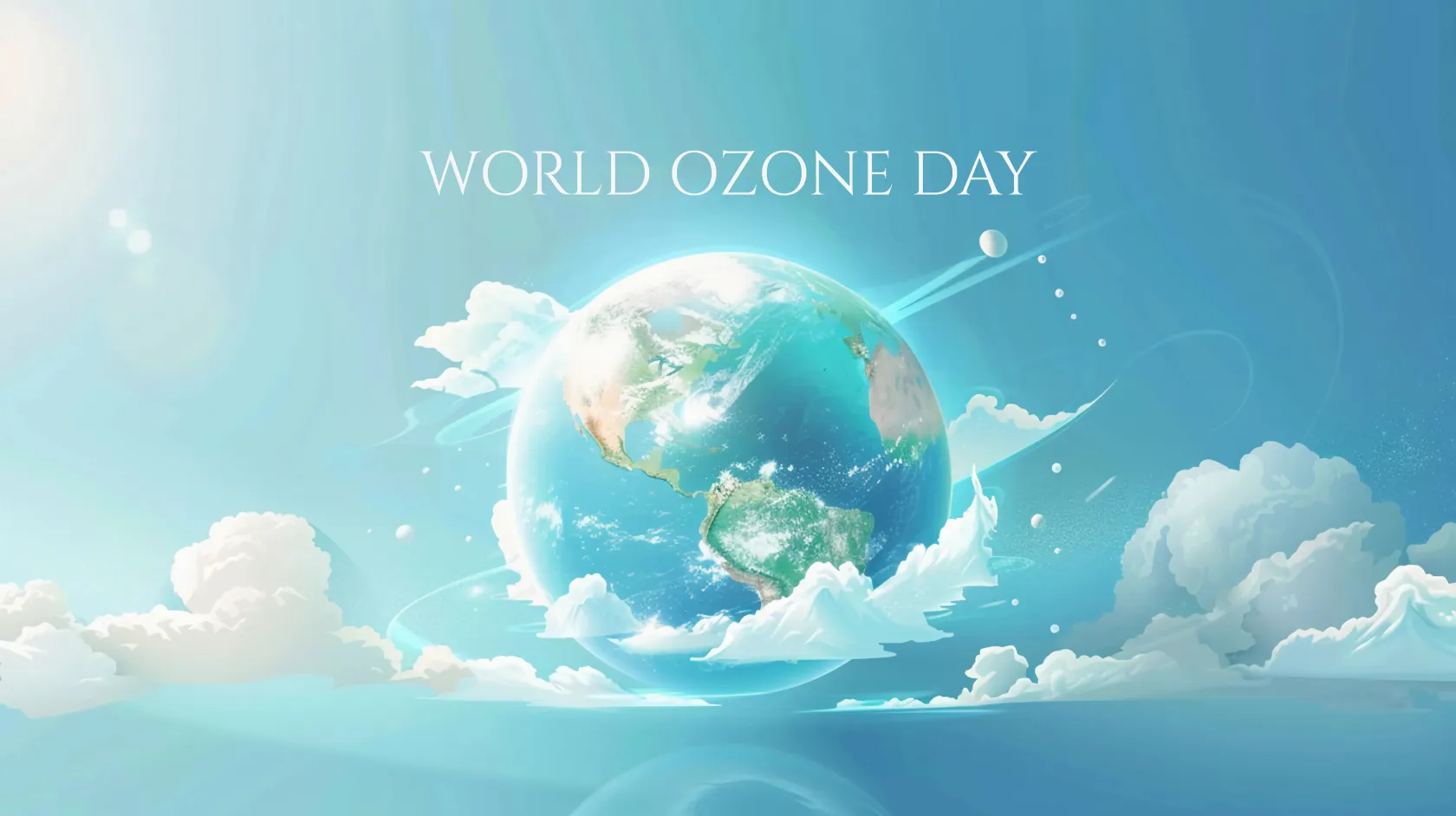 Una bola del mundo rodeada de nubes, bajo la frase World Ozone Day