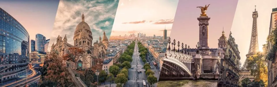 Collage de París mostrando 5 monumentos famosos de la ciudad