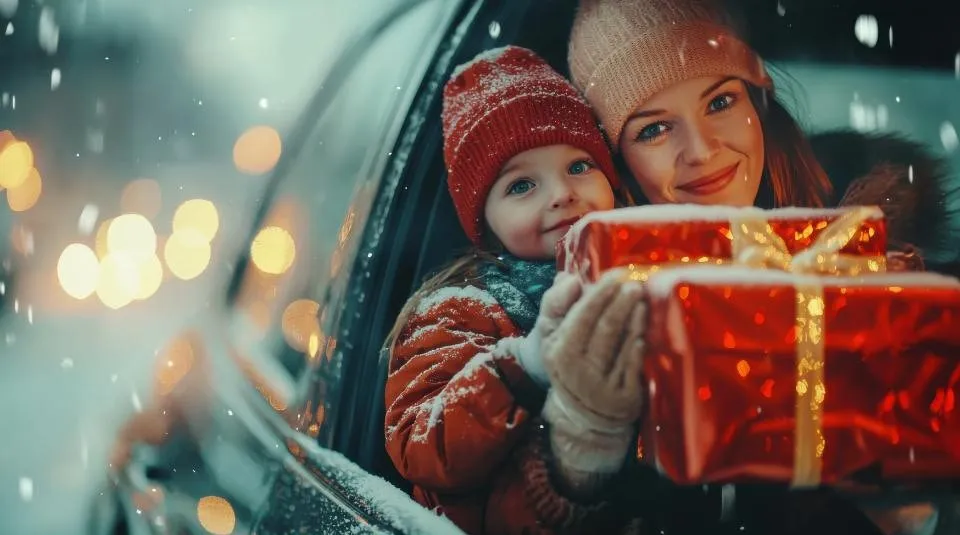 Madre e hija en un coche aguantando regalos de navidad