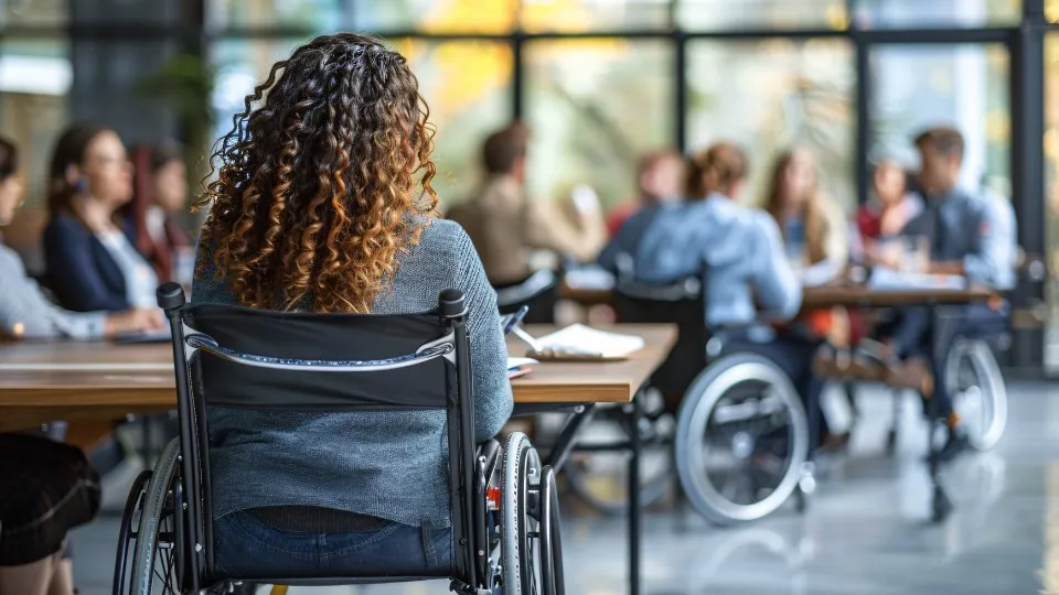 reunión de equipo en la que un empleado con discapacidad auditiva y en silla de ruedas utiliza un sistema de bucle para oír la conversación con claridad