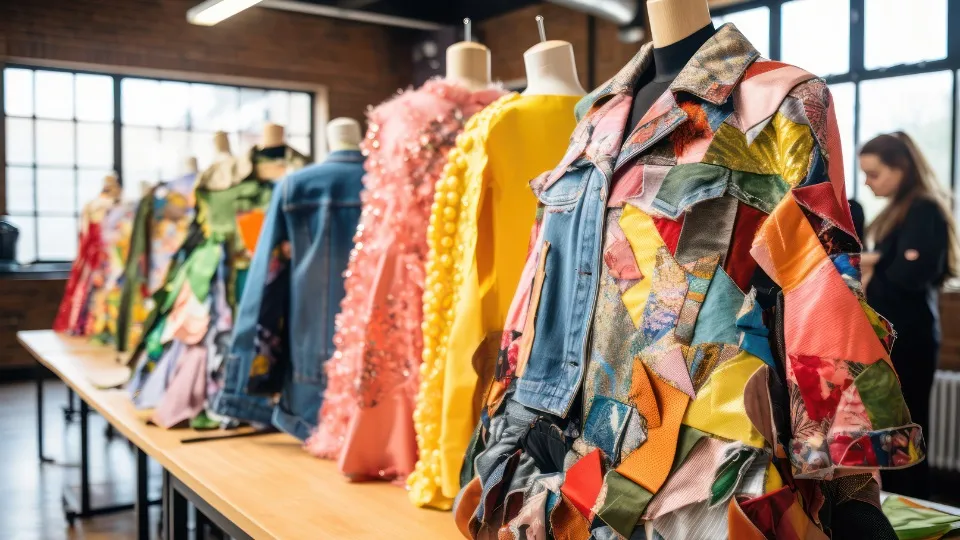 Ropa reciclada de colores puestos en unos maniquíes en un taller.