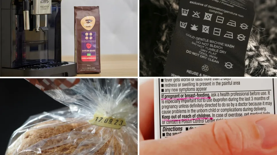 Un collage de cuatro imágenes: una cafetera con un envase de café descafeinado AUNA, una etiqueta de ropa con instrucciones de lavado, una barra de pan con fecha de caducidad y una etiqueta de advertencia en el envase de un medicamento.