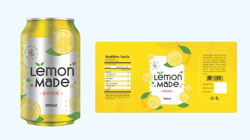 Ejemplo de etiquetado de producto, en este caso se exhibe en el lado izquierdo una limonada en lata y a la derecha la etiqueta nutricional del producto.