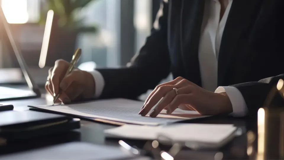  Una mujer de traje escribe con un bolígrafo en un documento sobre un escritorio. La escena está iluminada con luz natural, lo que crea una atmósfera profesional y concentrada.