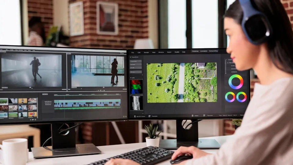 Una mujer con auriculares edita vídeo en dos monitores en una oficina iluminada.