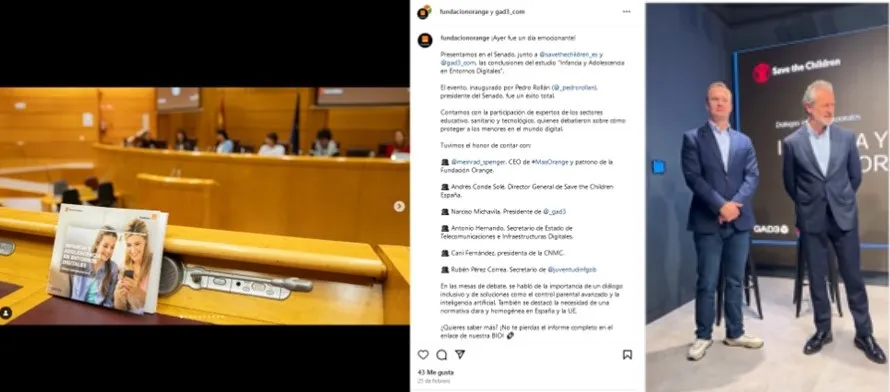 A la izquierda un post de Instagram de un evento en una sala de conferencias con paneles de madera, con los asistentes sentados al fondo. A la derecha, dos hombres, vestidos formalmente, de pie junto a la bandera de "Save the Children".