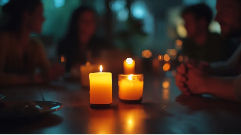 En primer plano, dos velas sobre una mesa rodeada de personas que se ven de forma difuminada y a oscuras, reflejando una situación de apagón.