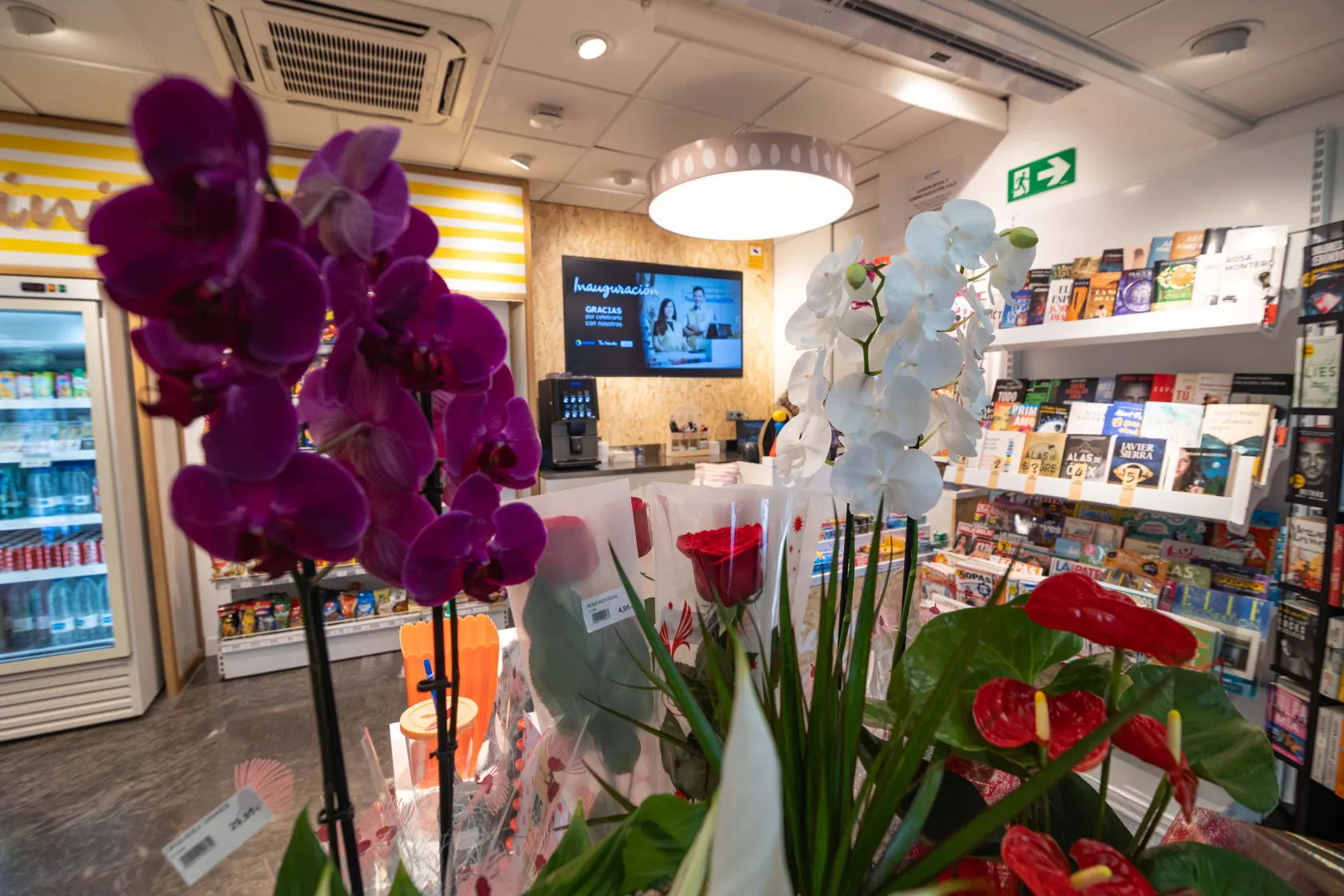 Entrada de una de las tiendas reinauguradas. En primer plano, unas orquídeas de color malva, al fondo, el resto de la tienda.