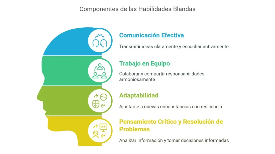 Silueta de una cabeza dividida en cuatro secciones de colores: azul para la comunicación, verde para el trabajo en equipo, verde claro para la adaptabilidad y amarillo para las habilidades de pensamiento crítico.