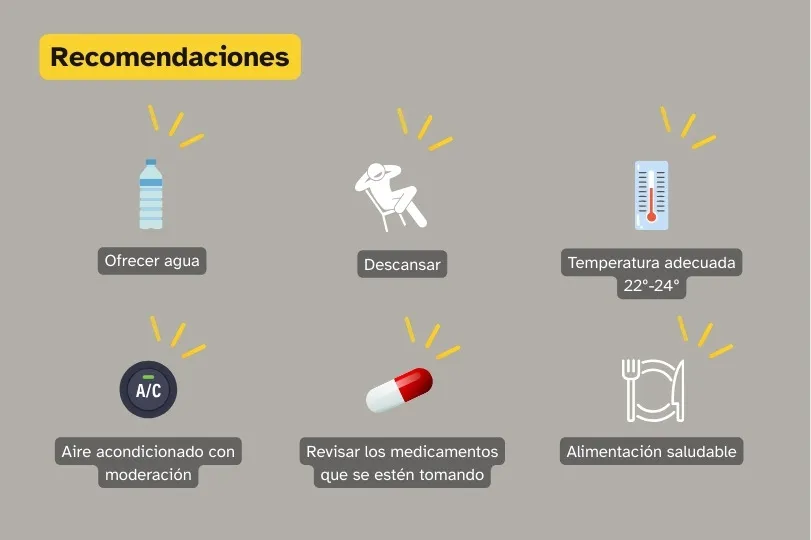 Infografía con seis recomendaciones: ofrecer agua, descansar, mantener la temperatura a 22°-24°C, usar el aire acondicionado moderadamente, revisar la medicación actual y llevar una dieta saludable.
