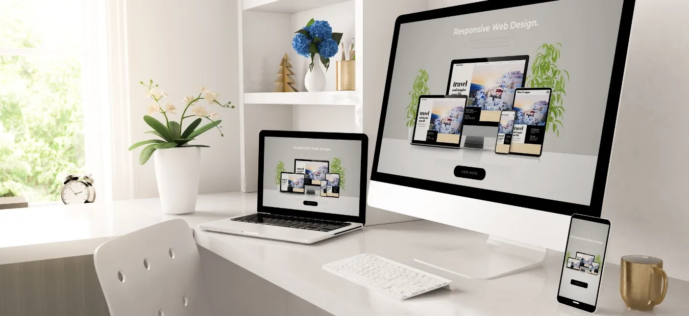 Un espacio de trabajo elegante con diseño web adaptable para laptop, computadora de escritorio y smartphone. Un diseño luminoso, moderno y minimalista con plantas y decoración.