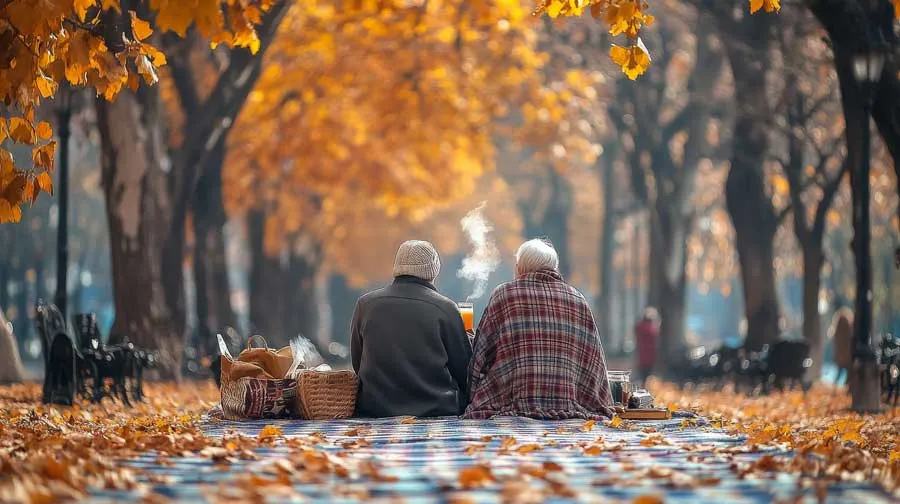 Dos personas mayores haciendo un picnic en un paisaje otoñal
