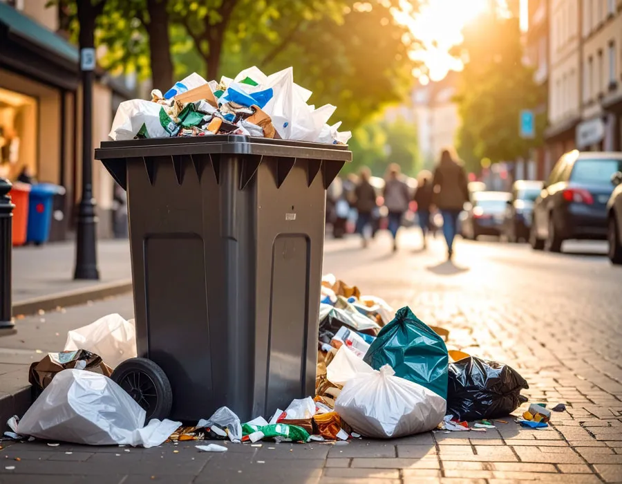 Cubo de basura en la calle saturado de bolsas en un consumo irresponsable