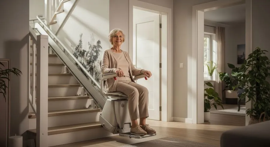 Mujer haciendo uso de una silla salvaescaleras