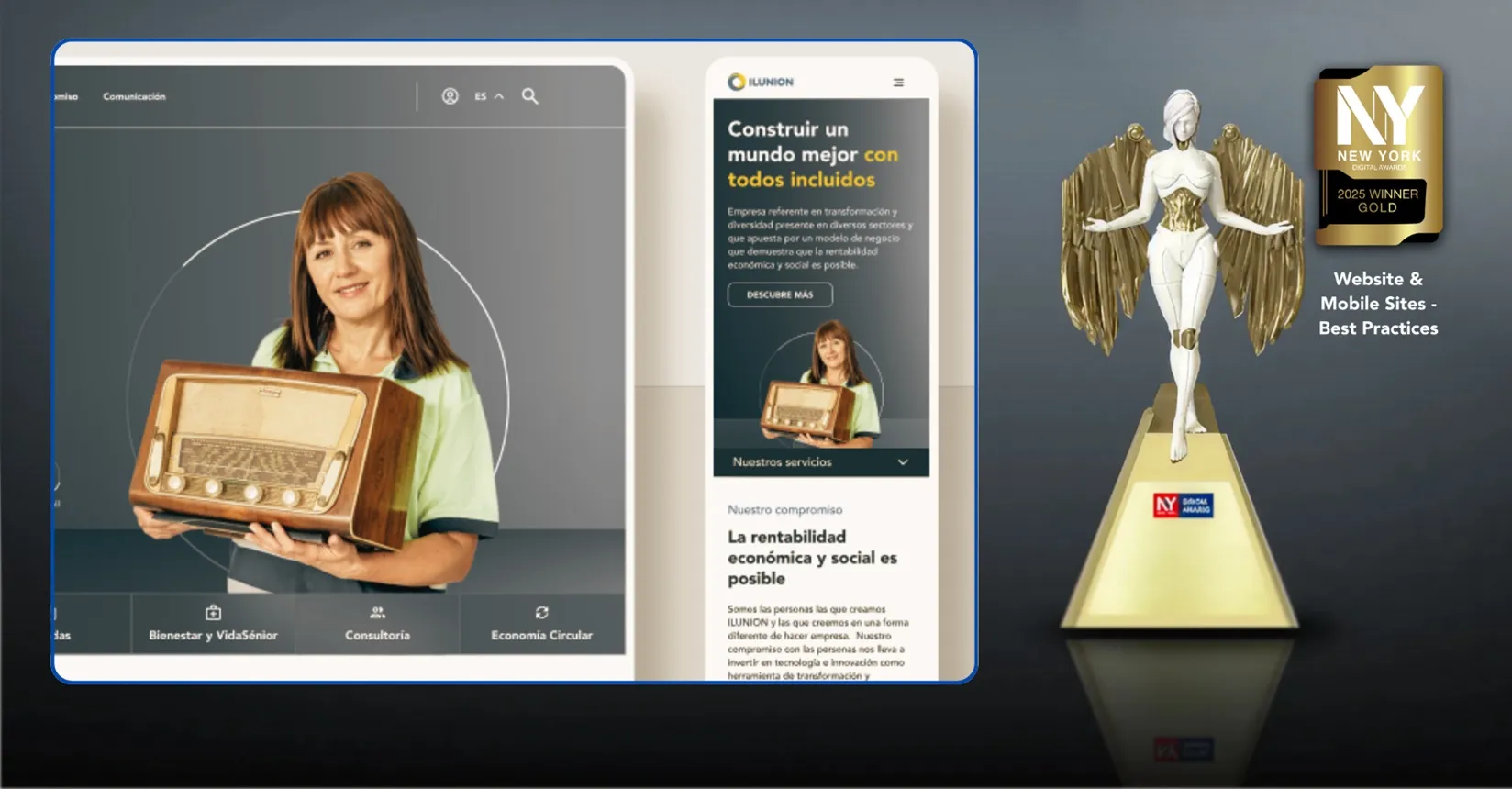 Montaje con un pantallazo de la web de ILUNION y la estatuilla de los NY Digital Awards