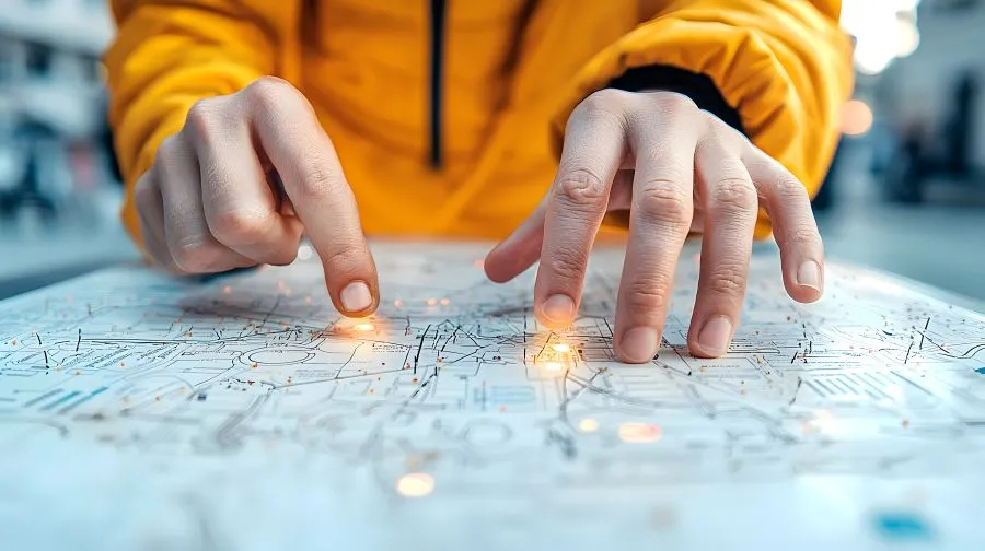 Manos sobre mapa urbano con puntos iluminados que indican ubicaciones clave, usado para planificar una ruta.