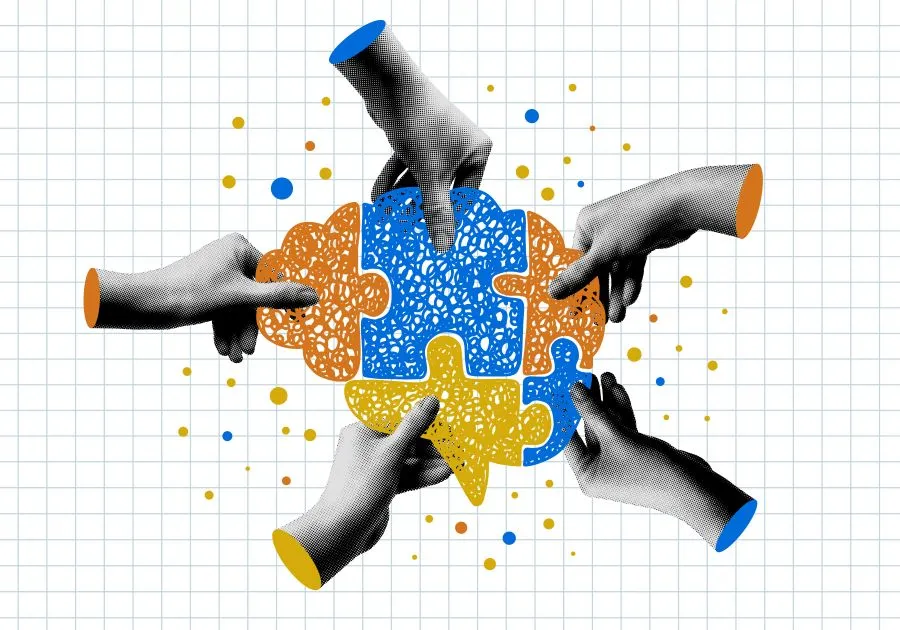 Ilustración de un cerebro formado por piezas de rompecabezas en colores naranja, azul y amarillo, rodeado de cinco manos colaborando para completarlo.