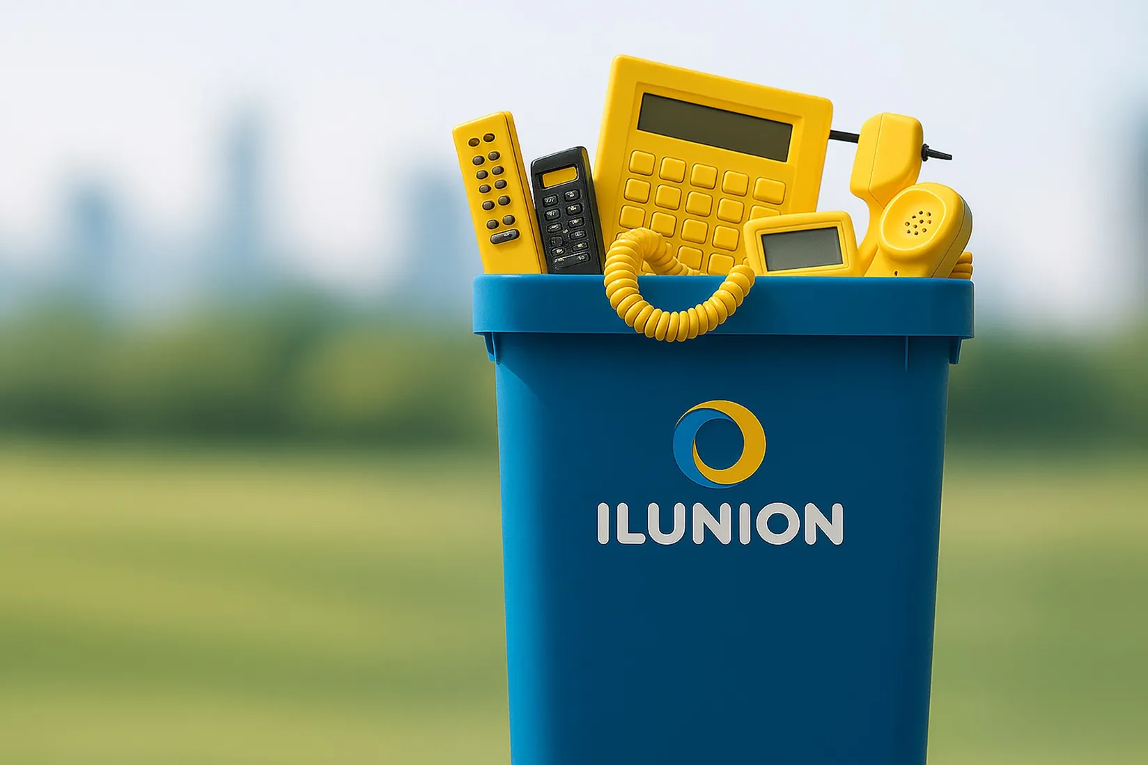 Un cubo azul ILUNION, con el logotipo del Grupo, con varios aparatos electrónicos de color amarillo