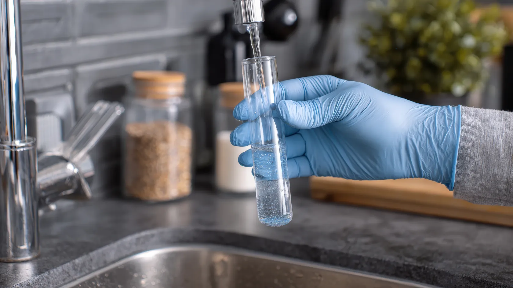 Mano con guante recogiendo una muestra de agua del grifo en un tubo de ensayo para análisis de calidad ambiental