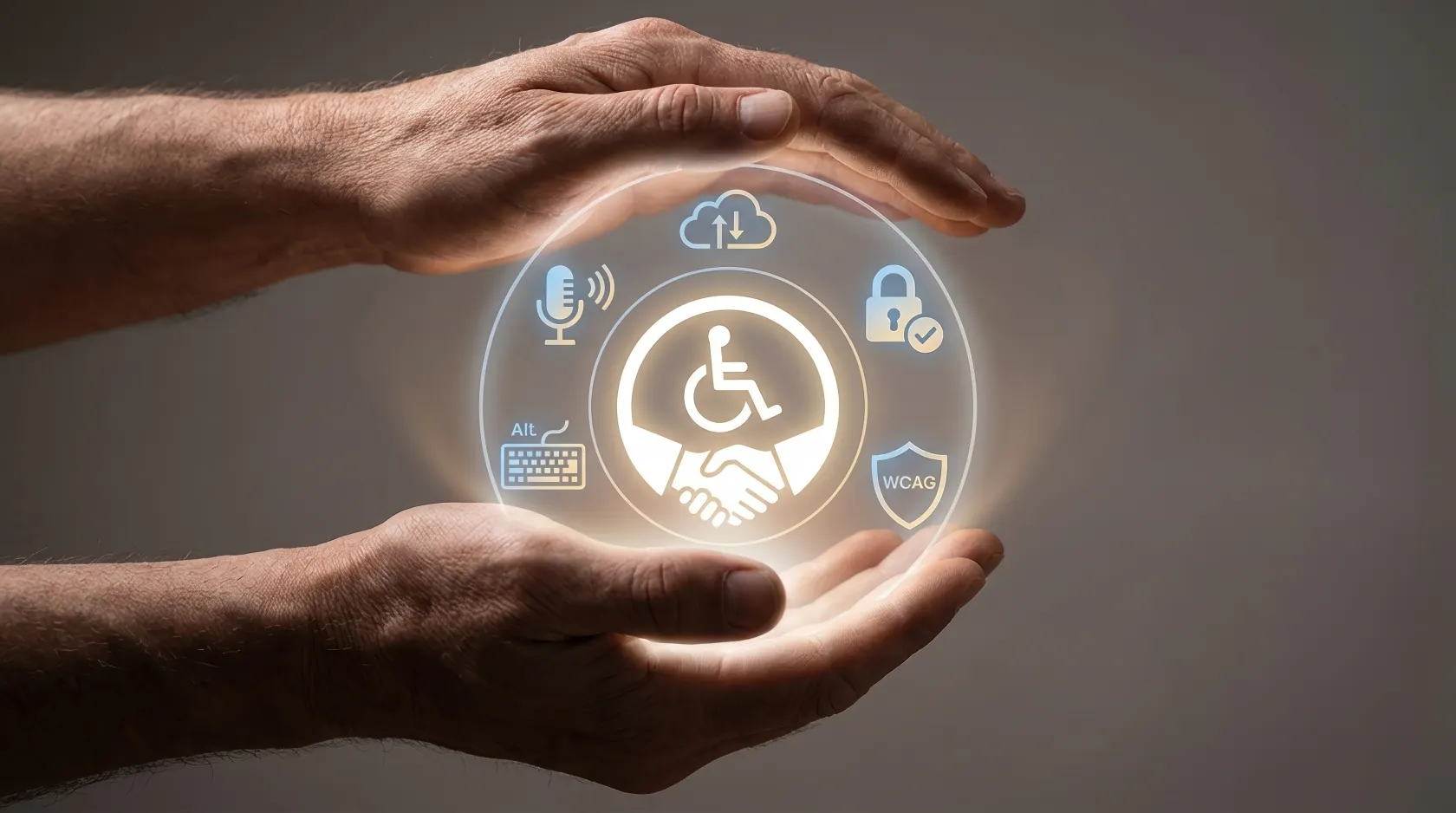 Manos protegiendo un símbolo de accesibilidad rodeado de iconos de voz, teclado, nube, seguridad y cumplimiento WCAG.