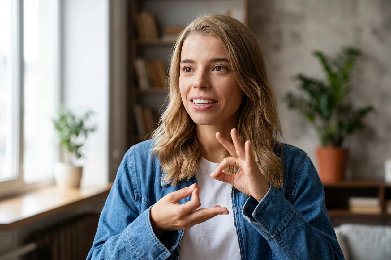 Retrato hiperrealista de una mujer joven comunicándose en lengua de signos. La imagen cuenta con iluminación natural y muestra detalles faciales auténticos, incluyendo líneas de expresión, sin el uso de filtros de belleza.