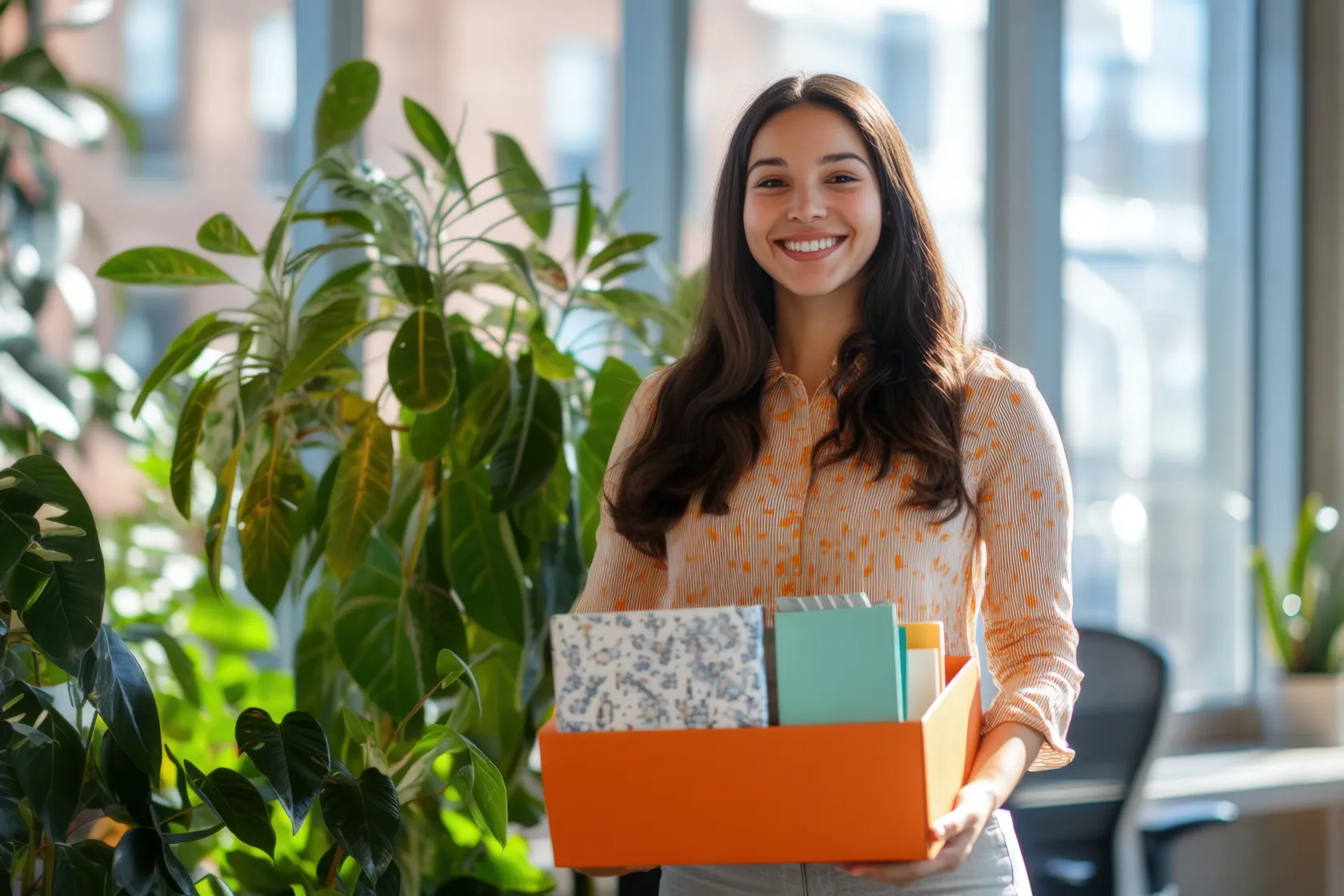 Persona sosteniendo una caja con cuadernos y carpetas en una oficina luminosa con plantas alrededor