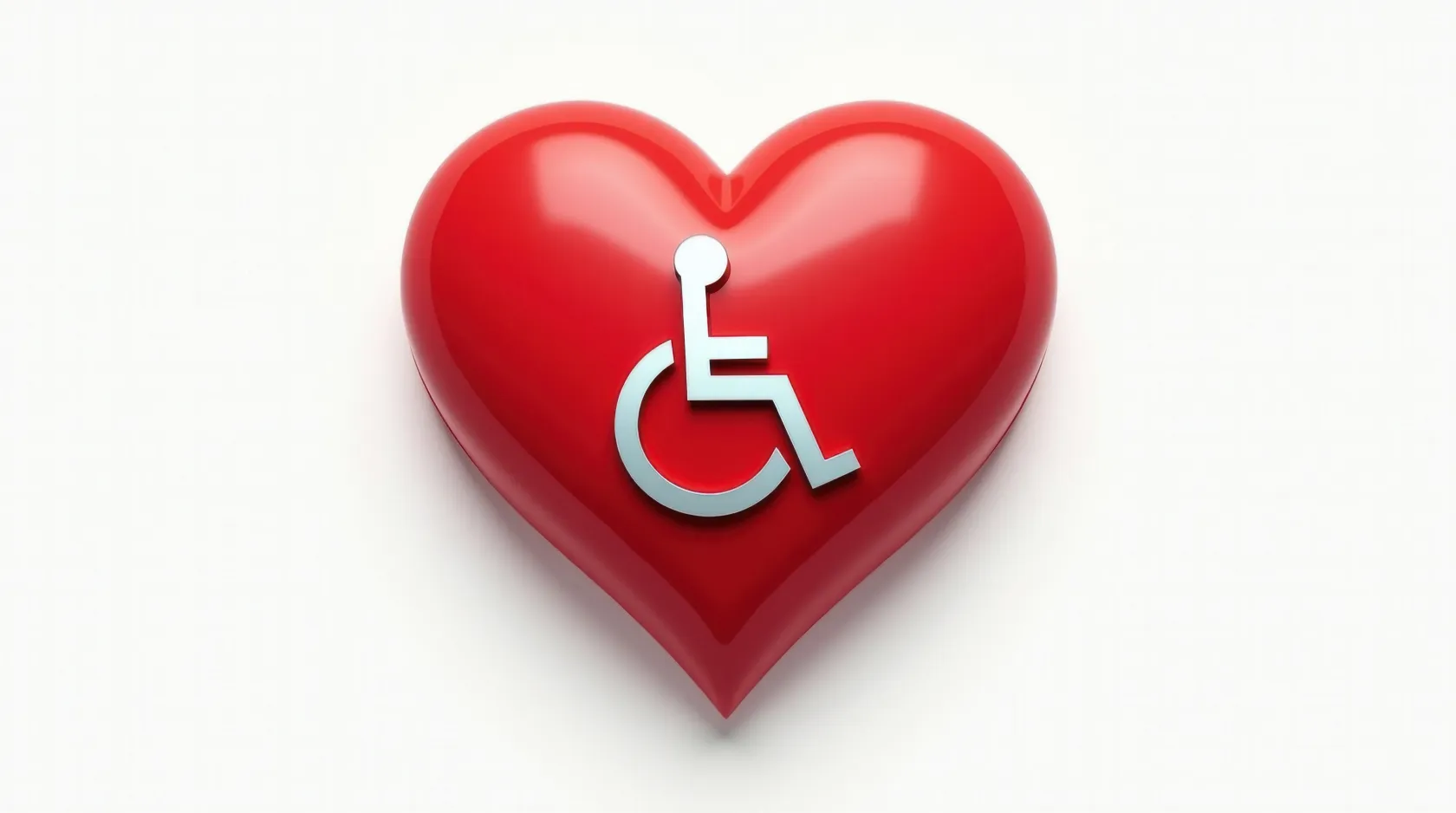 Corazón rojo con símbolo de accesibilidad en el centro, representando inclusión y apoyo a personas con discapacidad.