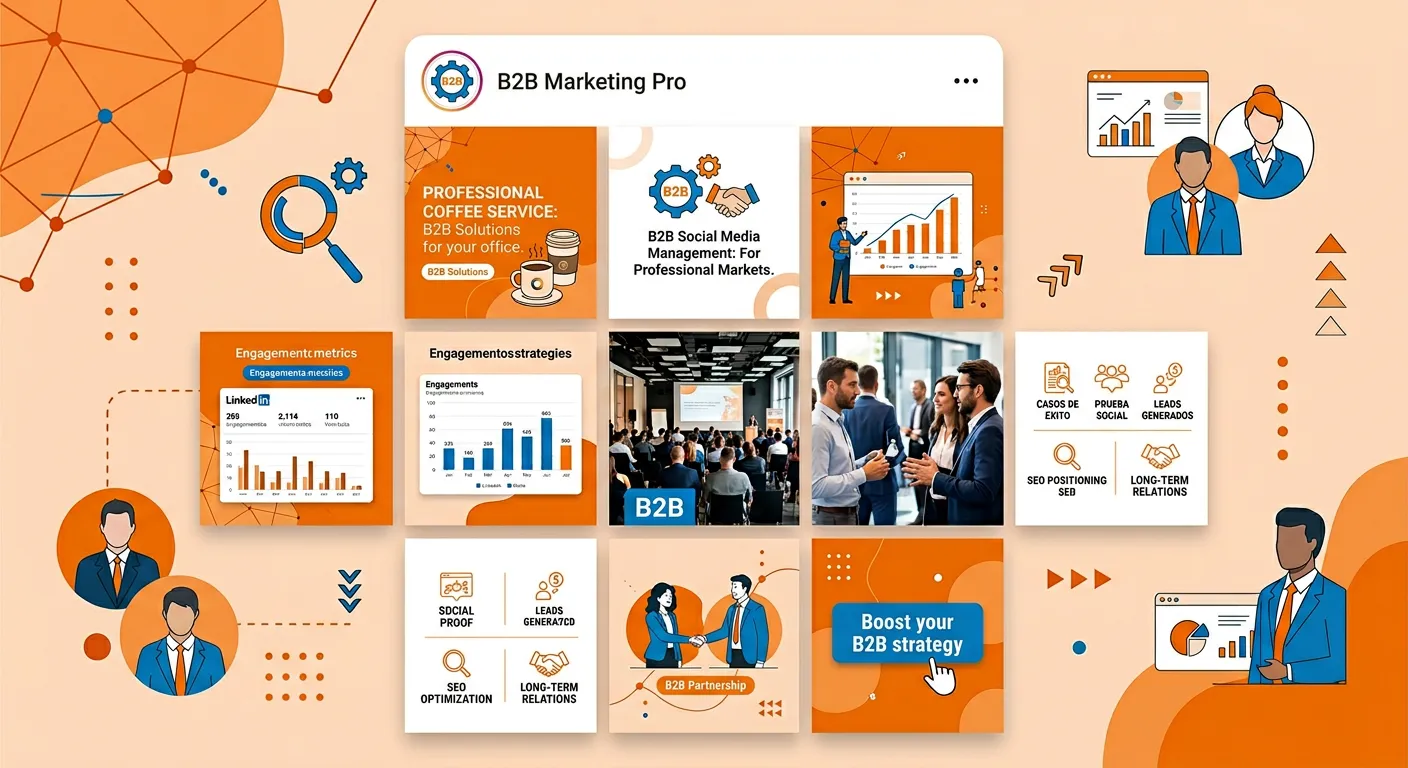 Mosaico de contenidos de marketing B2B con gráficos de rendimiento, métricas de redes sociales, SEO, generación de leads y networking empresarial en tonos naranja y azul.