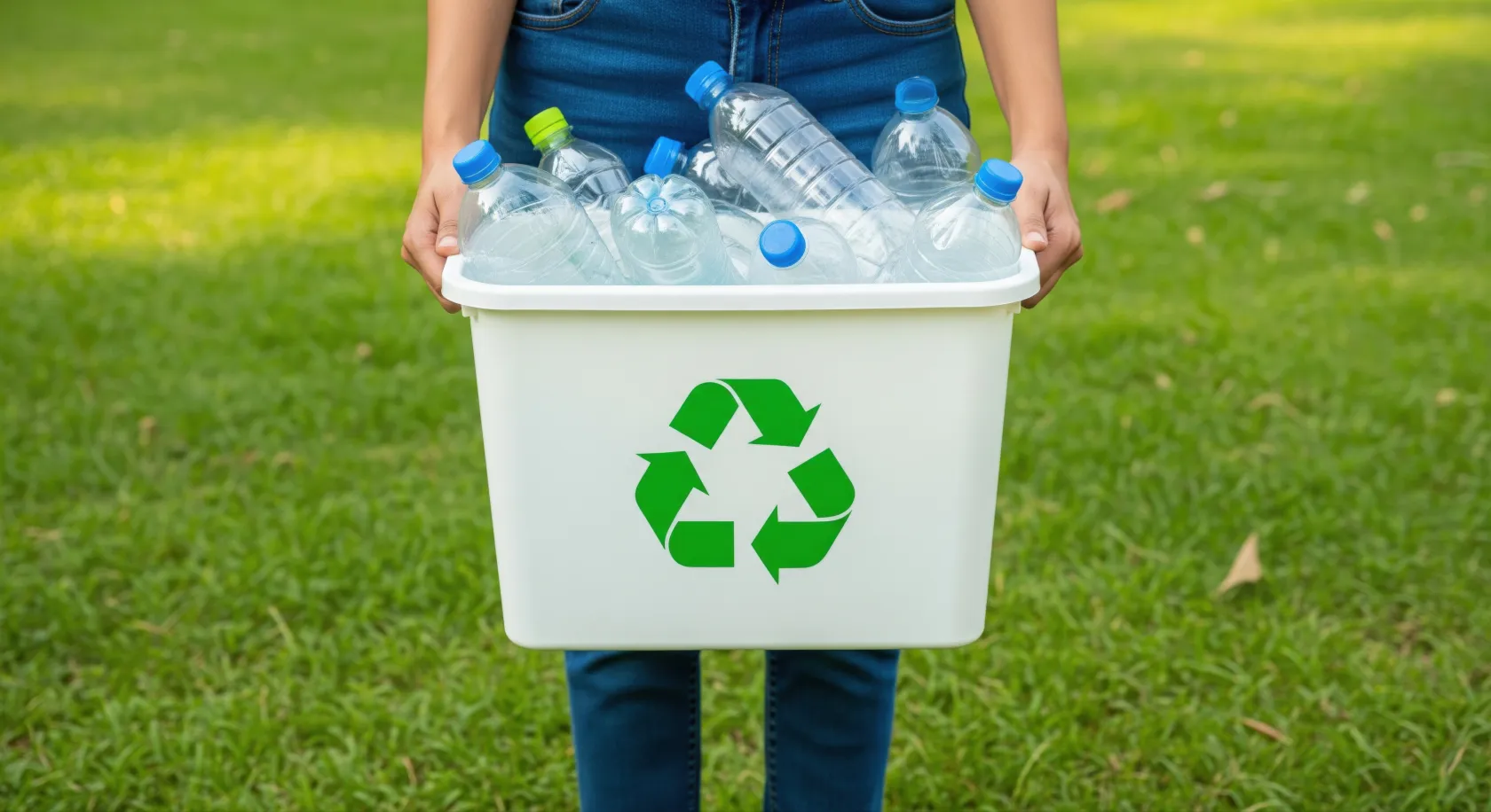 Persona sosteniendo un contenedor de reciclaje lleno de botellas de plástico vacías, con el símbolo de reciclaje visible en el frontal.