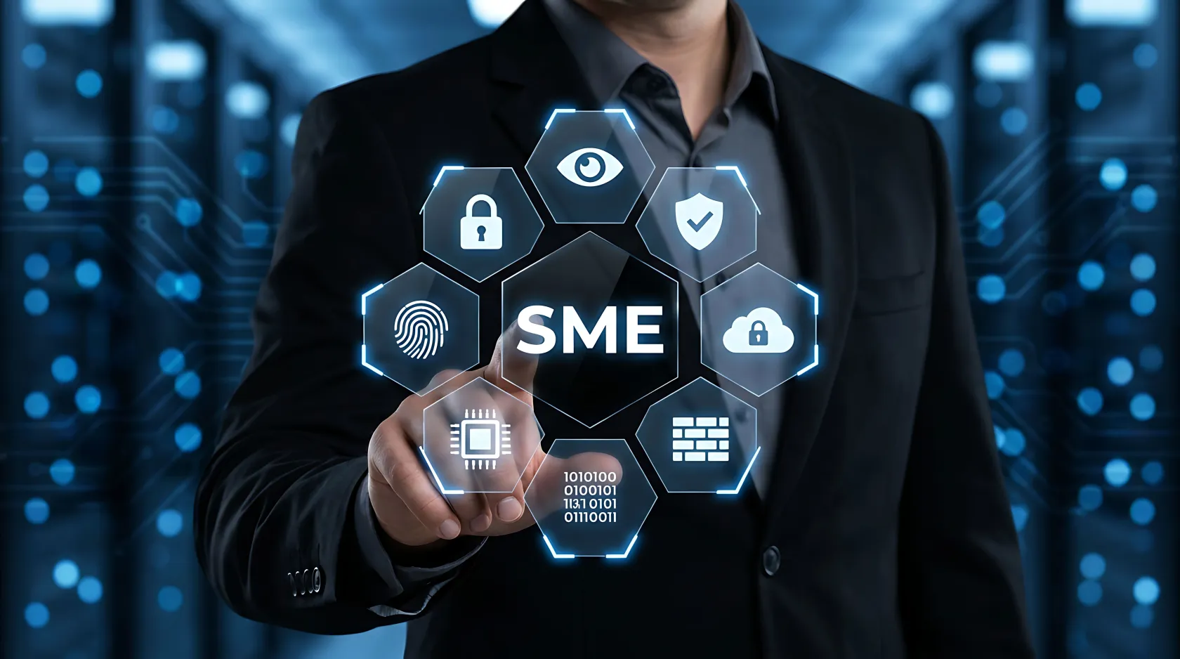 Persona con traje interactuando con una interfaz digital de ciberseguridad. En el centro aparece el texto “SME”, rodeado de iconos de protección de datos, privacidad, nube segura, huella dactilar, cortafuegos, microchip y cifrado. El fondo muestra un entorno tecnológico en tonos azules que evoca infraestructura digital y seguridad informática para pequeñas y medianas empresas.