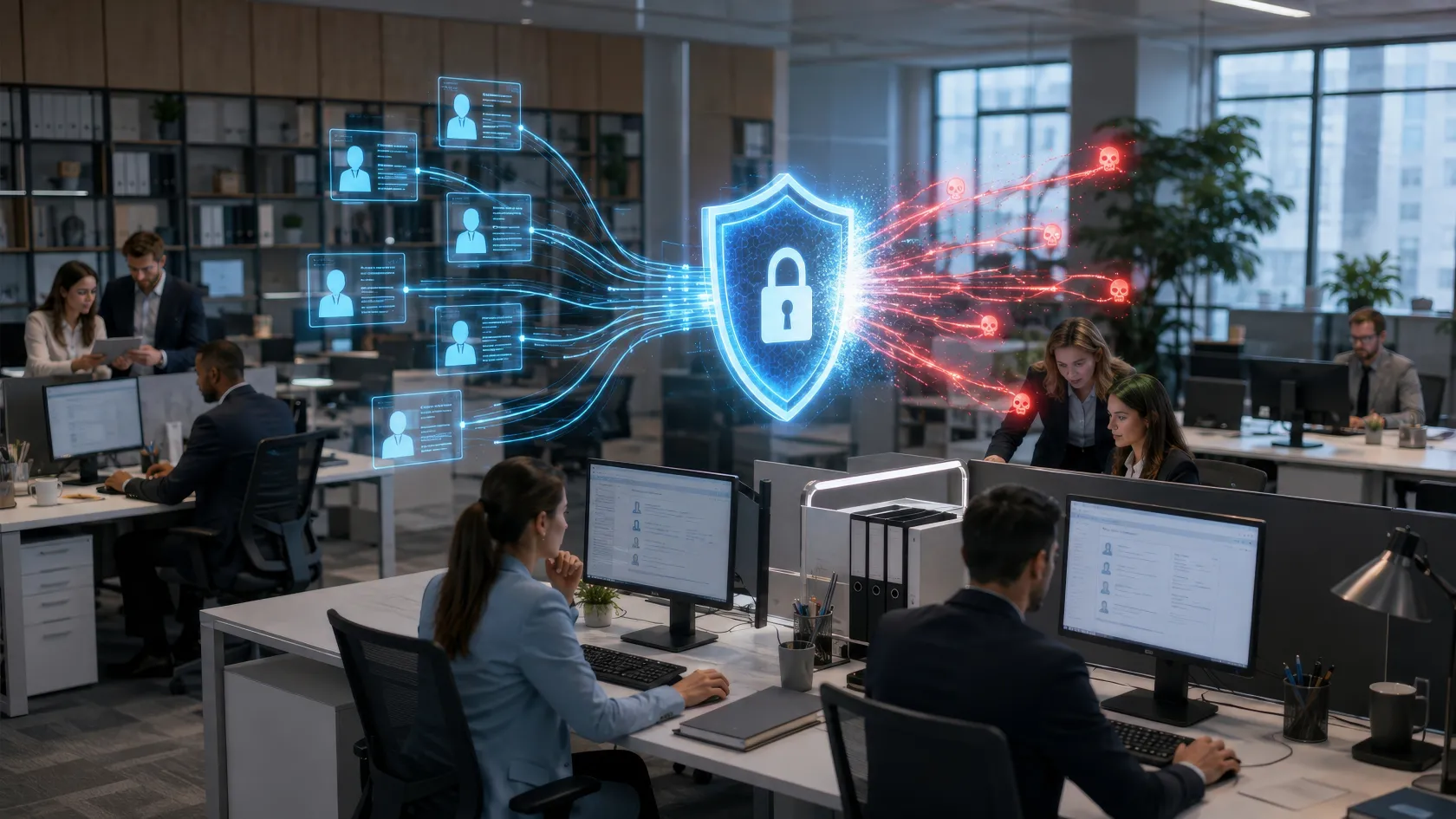Espacio de oficina abierto donde varias personas trabajan en sus puestos. Una representación gráfica muestra información de usuarios que fluye hacia un escudo digital con un candado azul, mientras distintos iconos de amenazas informáticas en color rojo son detenidos al otro lado. La imagen simboliza la protección de datos, la privacidad y la seguridad digital en las organizaciones.