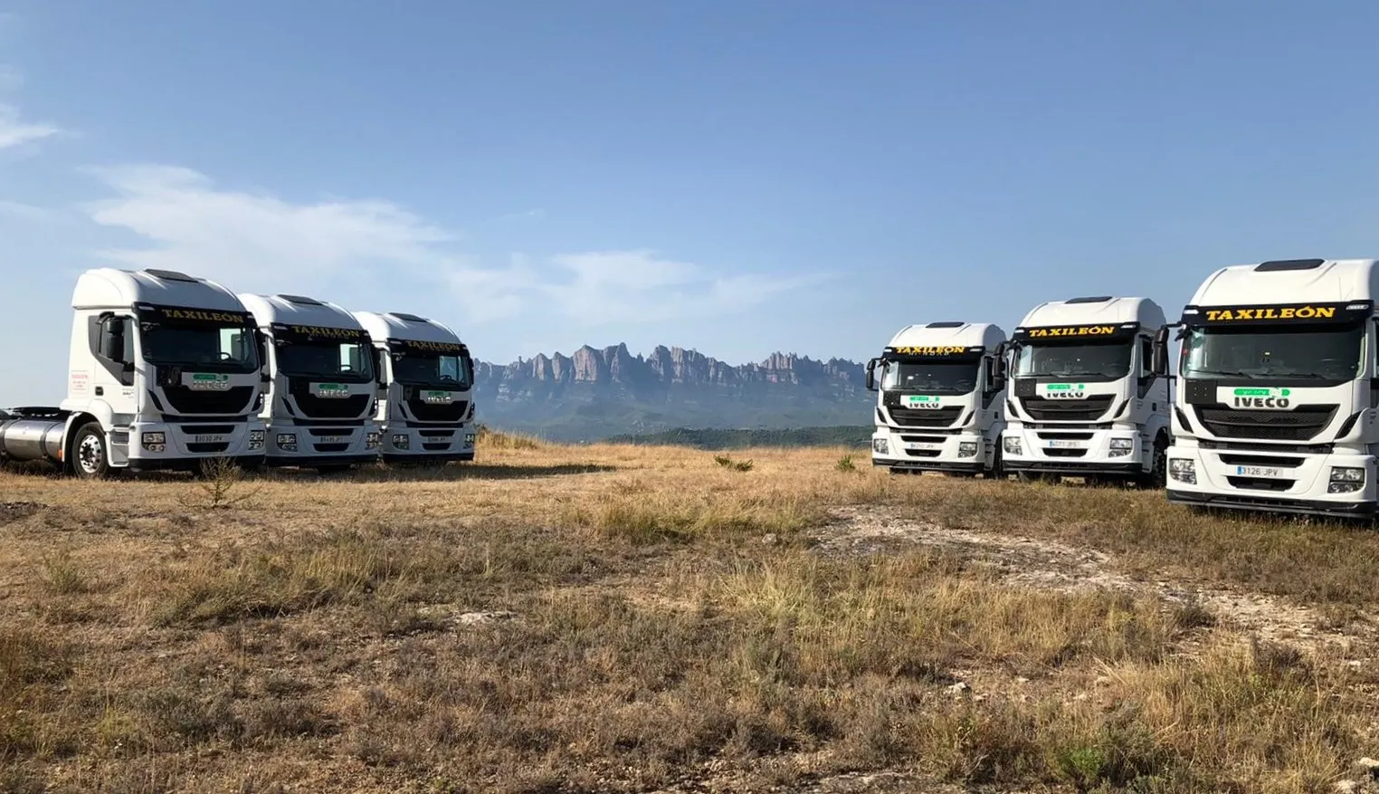 Varios camiones aparcados en diagonal, en campo abierto, con las montañas al fondo. 