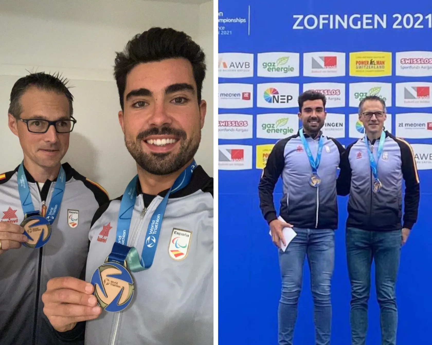Fernando Riaño y Darío Pérez muestran sonrientes sus respectivas medallas de oro