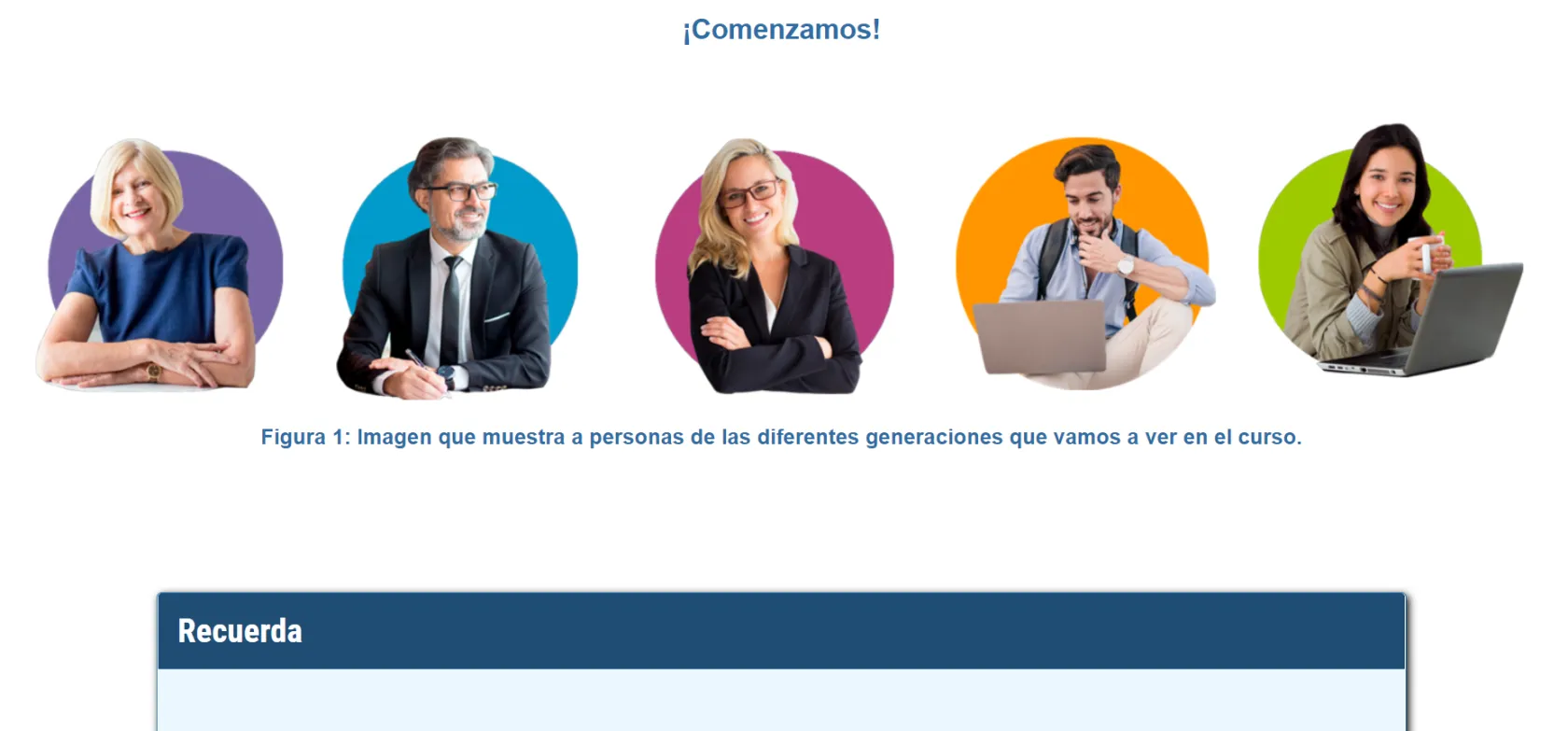 Captura de pantalla de una creatividad del curso donde aparecen cinco personas de diferentes edades