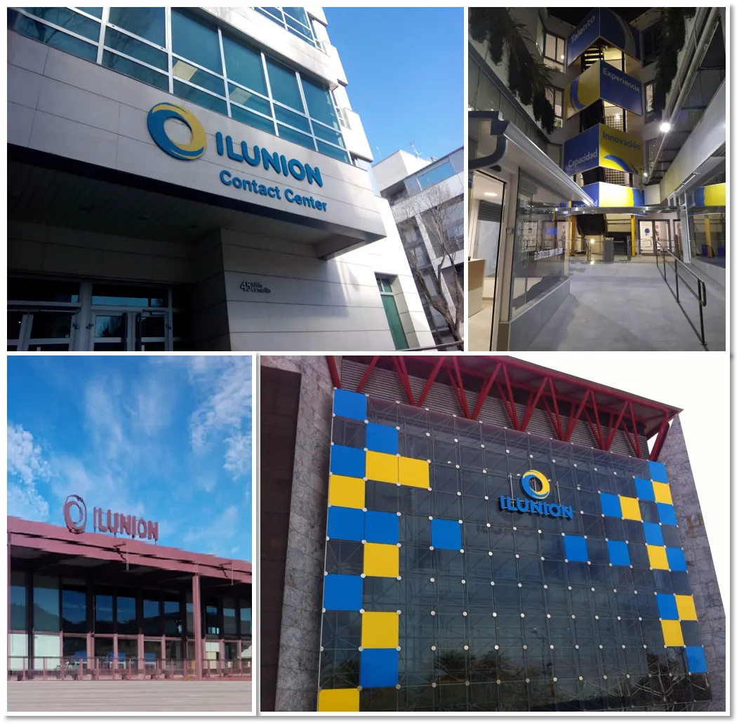 : Sites de ILUNION Contact Center BPO. De izquierda a derecha y de arriba abajo: Julián Camarillo (Madrid), Rufino González (Madrid), Cáceres y Sevilla.