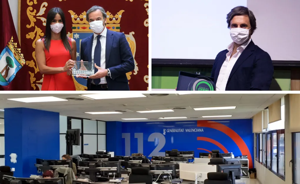 Fotomontaje con tres fotografías, dos con la regocida de dos de los premios a ilunion hotels y una saa del 112