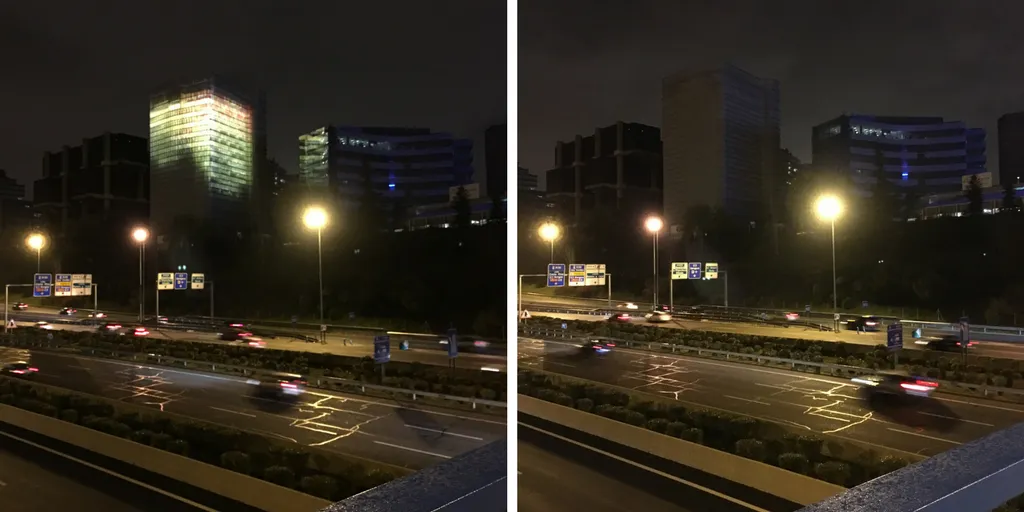 Montaje de dos fotos donde se ve a la izquierda Torre ILUNION encendida y a la derecha apagada