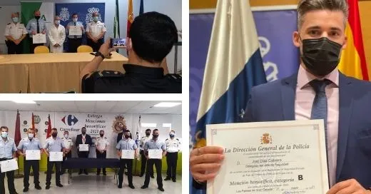 Collage fotográfico con tres instantáneas de la entrega de menciones honoríficas a vigilantes de seguridad de ILUNION