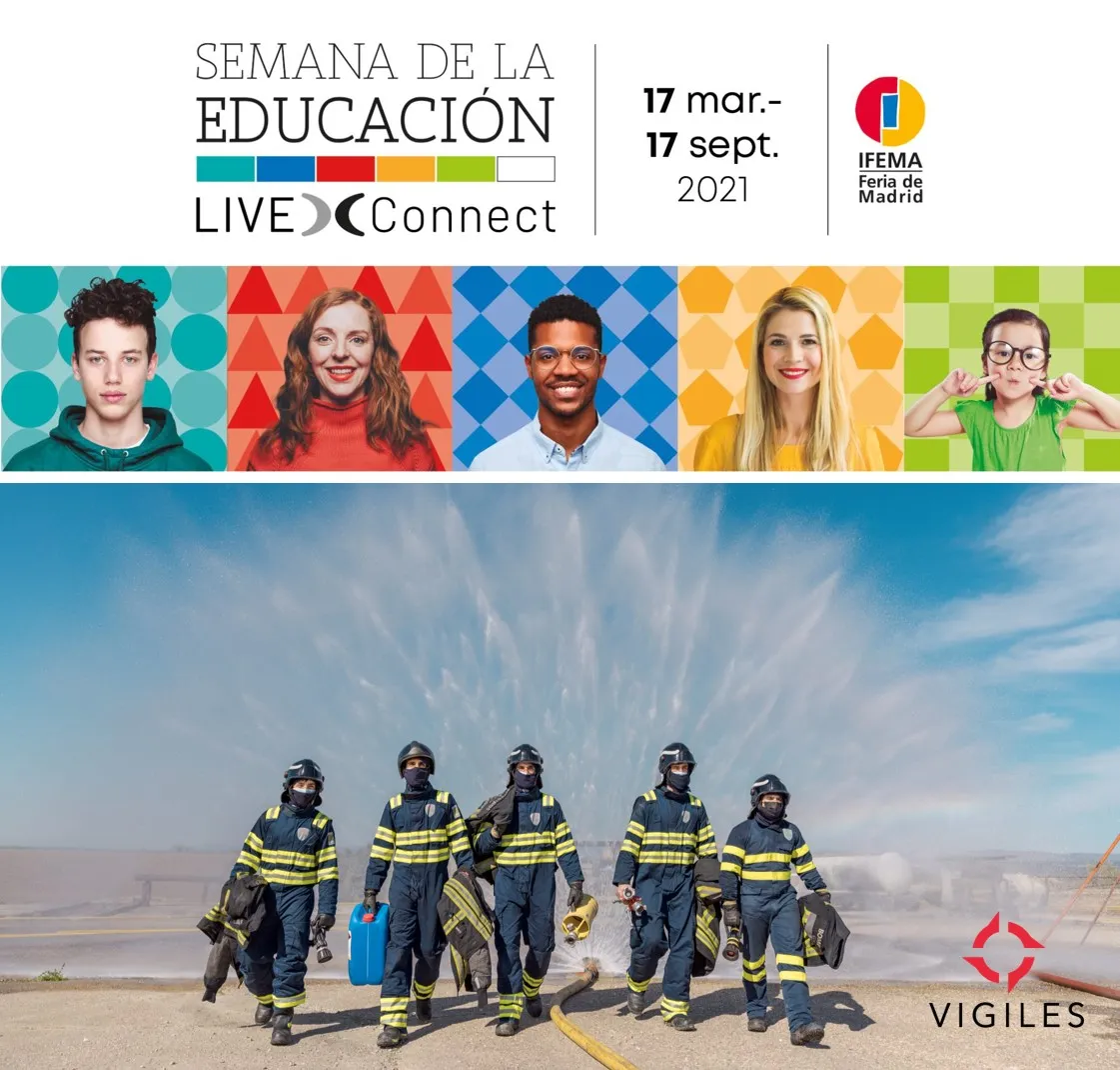Imagen de un grupo de bomberos apagando un fuego. Encima, el banner de la Feria AULA 2021