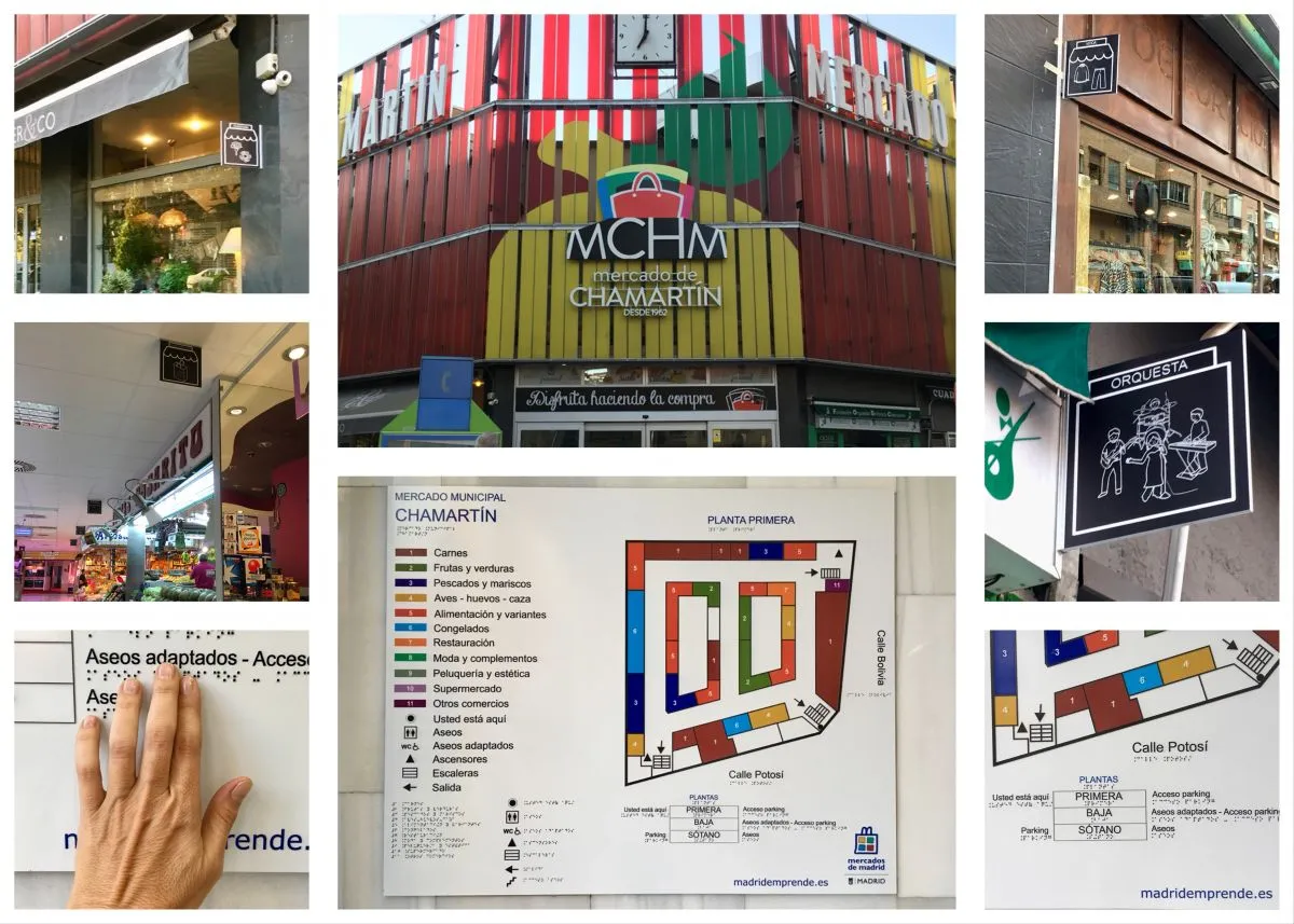 Varios detalles de la nueva señalética accesible de los mercados municipales 