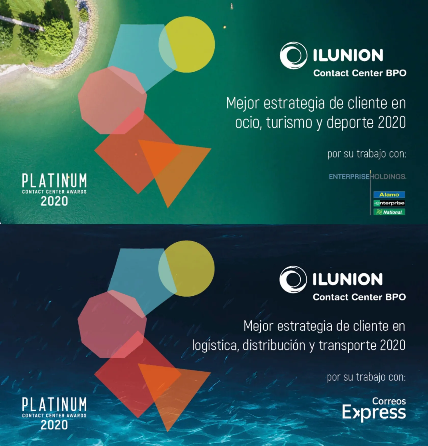 Creatividad de los dos premios donde aparece el logotipo de ILUNION y el nombre de la categoría 