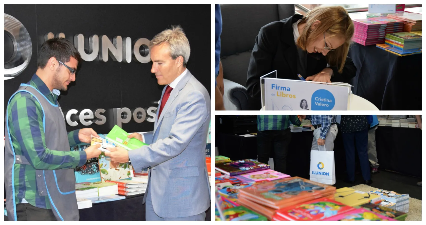 Montaje de tres fotografías del Día del Libro en el que aparece en la fotografía de la izquierda el consejero delegado de ILUNION, Alejandro Oñoro, comprando un libro. En la fotografía situada arriba a la derecha aparece la autora del libro 'Sangre Vikinga', Cristina Valero, y en la fotografía situada abajo a la izquierda se aprecia un estand repleto de libros
