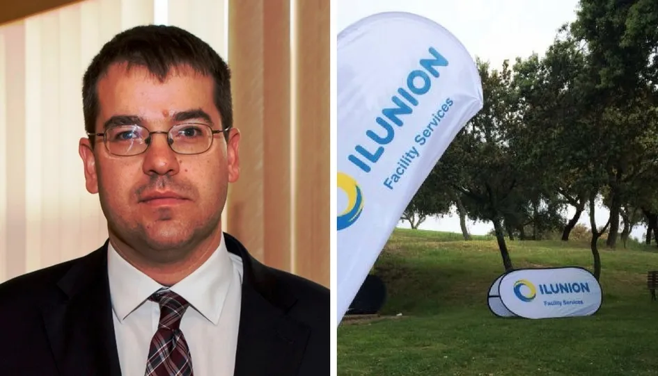 Montaje de fotografías en el que aparece la imagen de Alejandro Fernández, y un campo de golf gestionado por ILUNION Facility Services 