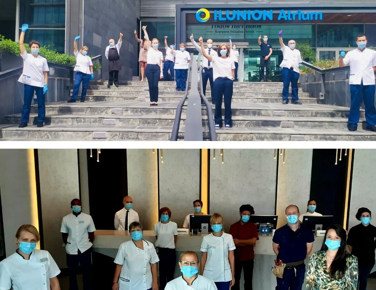 Montaje de dos fotografías en las que aparecen los trabajadores de los dos hoteles manteniendo las distancias de seguridad y con la mascarilla puesta 
